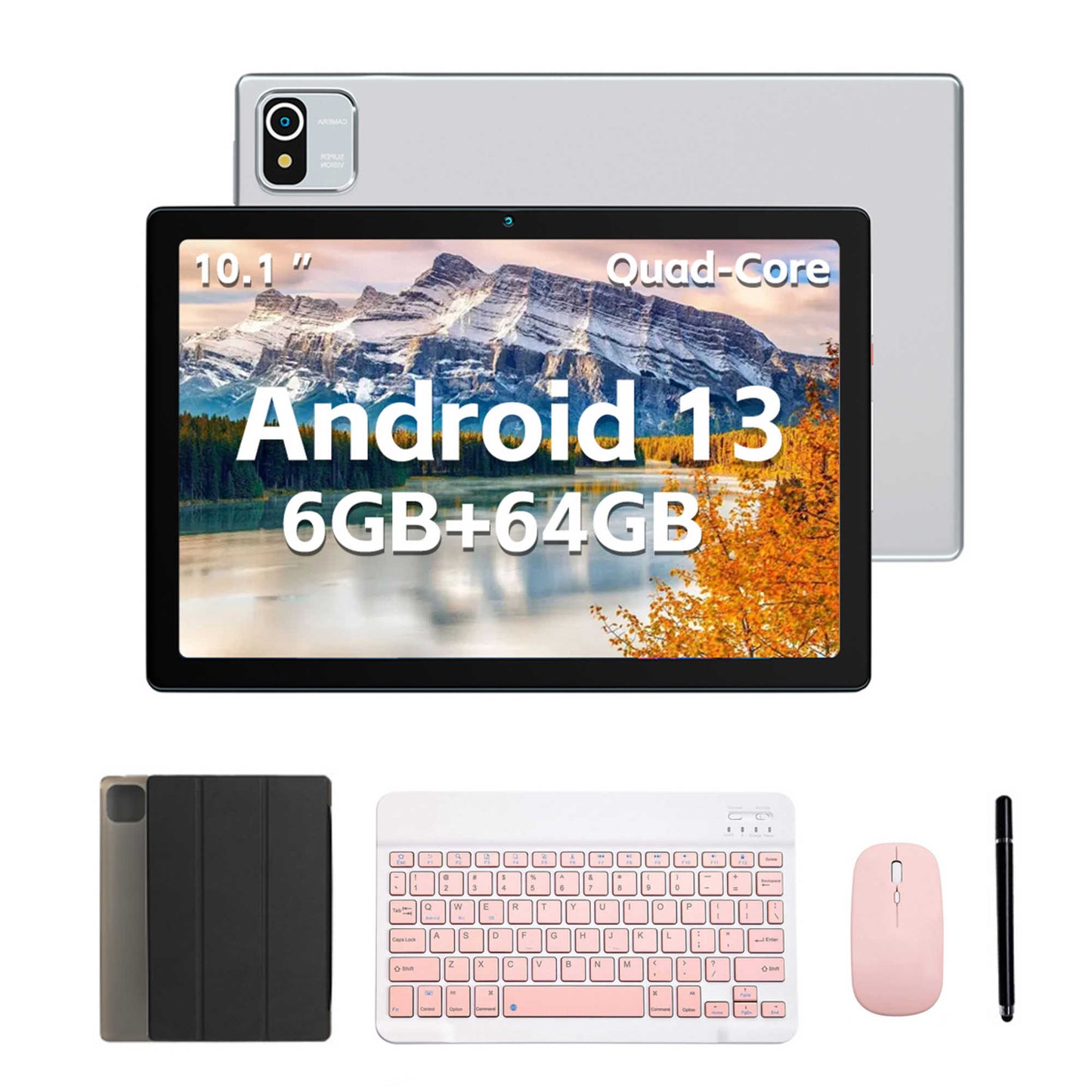 AEEZO Android 13 Tablet 10 inch,6GB+64GB ROM,1280x800 HD Touch Screen, 5MP+8MP, Wifi, Dual Camera Silver+Keyboard & Mouse Set Pink