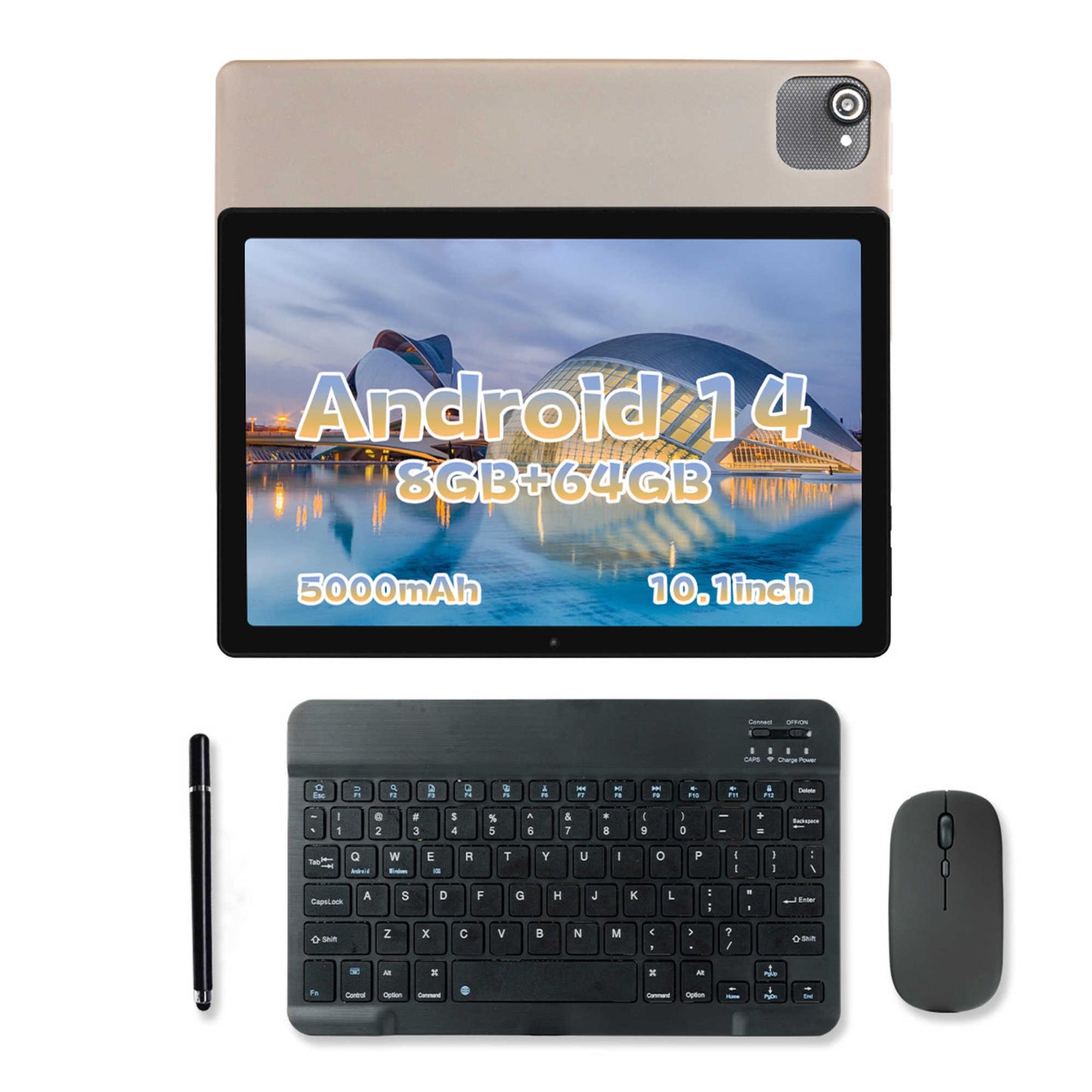 AEEZO Android 14 Tablet 10.1 inch Tablet,8GB+64GB ROM,WiFi 6,Bluetooth 5.0,5MP + 8MP White+Keyboard & Mouse Set Black