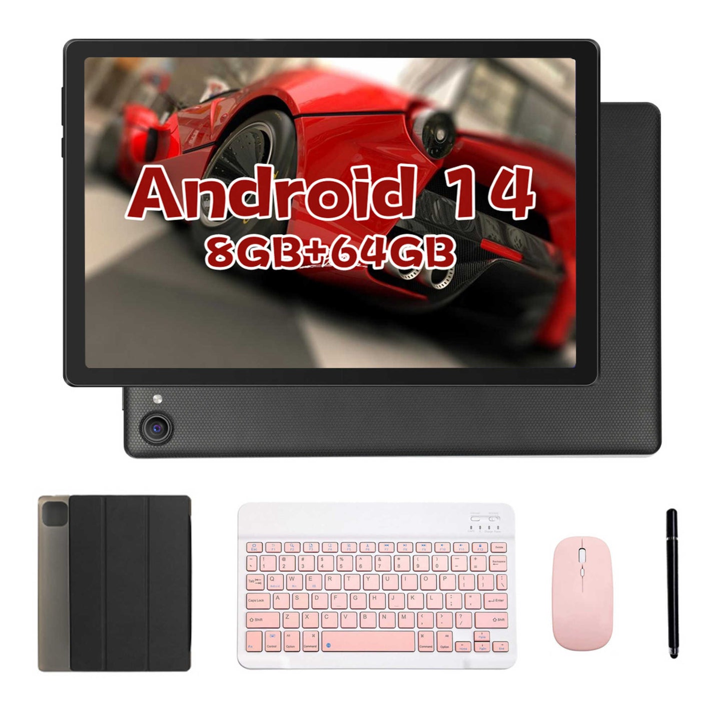 AEEZO Android 14 Tablet 10.1 inch Tablet,8GB+64GB ROM,WiFi 6,Bluetooth 5.0,5MP + 8MP Black+Keyboard & Mouse Set Pink