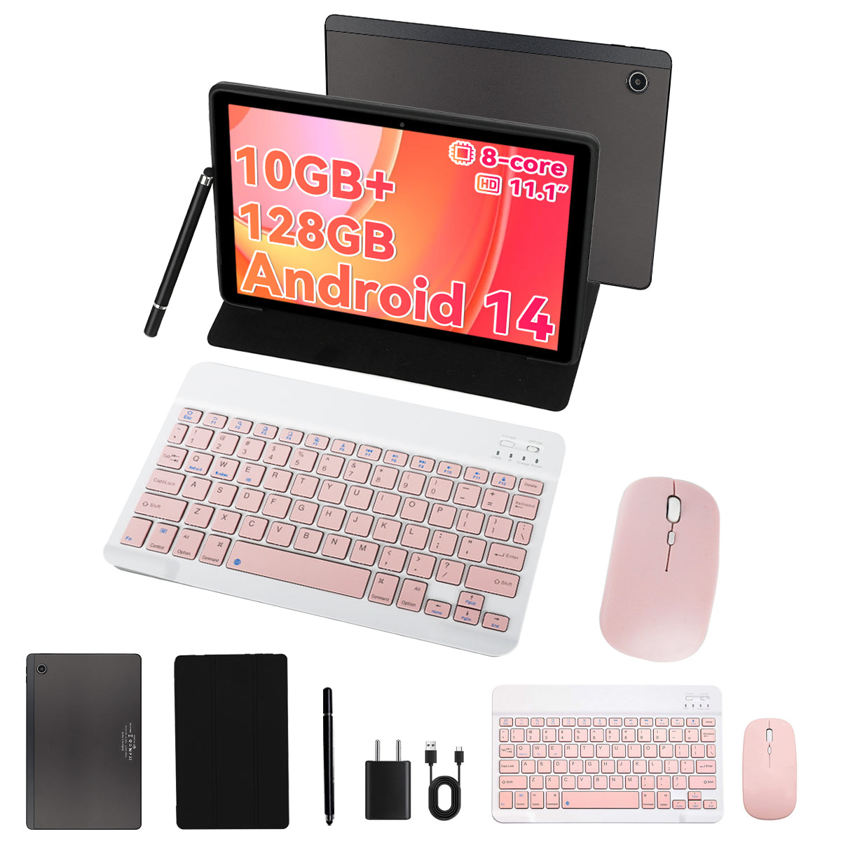 Android 14 Tablet 11inch with Octa-Core Processor,Wifi 6,10(4+6) GB RAM+128GB ROM, 2000x1200 FHD IPS Display, 5MP+13MP, Split-Screen, 6800mAh,Black+Keyboard & Mouse Set Pink