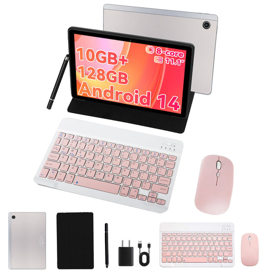 Android 14 Tablet 11inch with Octa-Core Processor,Wifi 6,10(4+6) GB RAM+128GB ROM, 2000x1200 FHD IPS Display, 5MP+13MP, Split-Screen, 6800mAh,Silver+Keyboard & Mouse Set Pink