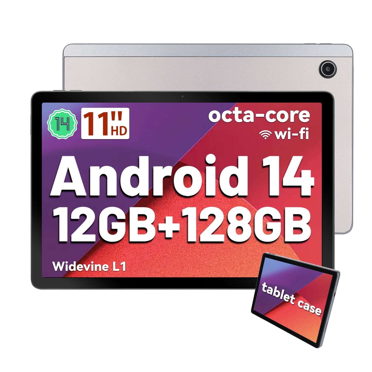 11 Inch 2K Tablet Android 14 with Octa-Core Processor,12(4+8)GB RAM + 128GB ROM(1TB TF Extensions),2000x1200 FHD IPS Display,8MP+13MP, Split-Screen, 6800mAh,Wi-Fi 6,Silver with Case