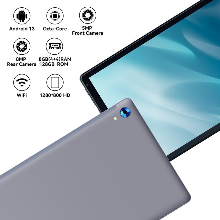 Tablet 10.1 Inch Android 13 Octa-core with 8(4+4) GB+128GB Tablets, 5MP+8MP Camera, Bluetooth 5.0 Tablet PC (Gray)