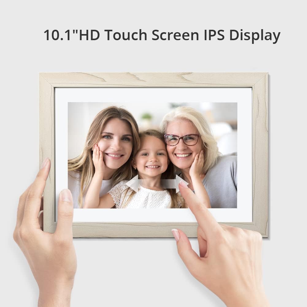 Digital Picture Frame - 10.1 Inch WiFi AI Smart Electronic Digital Photo Frame,1280x800 IPS Touch Screen, 8GB, Auto-Rotate, Share Photos or Videos via AiMOR APP, Wall Mountable - White