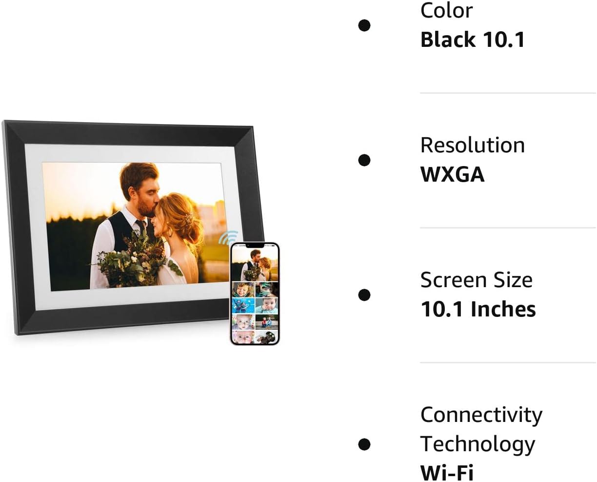 Digital Picture Frame - 10.1 Inch WiFi AI Smart Electronic Digital Photo Frame,1280x800 IPS Touch Screen, 8GB, Auto-Rotate, Share Photos or Videos via AiMOR APP, Wall Mountable - Black