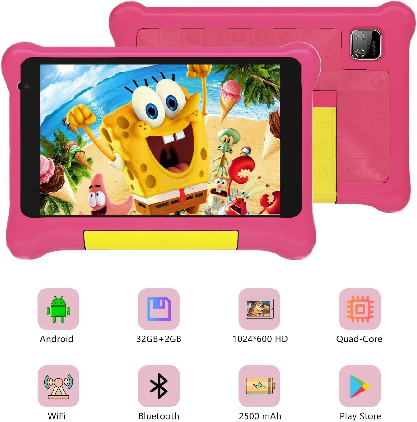 Kids Tablet 7 inch, Android 12 Go Quad Core, 2GB RAM + 32GB ROM, 128GB Expansion, HD Display, Wi-Fi, Children Tablet with Parent Control - Pink