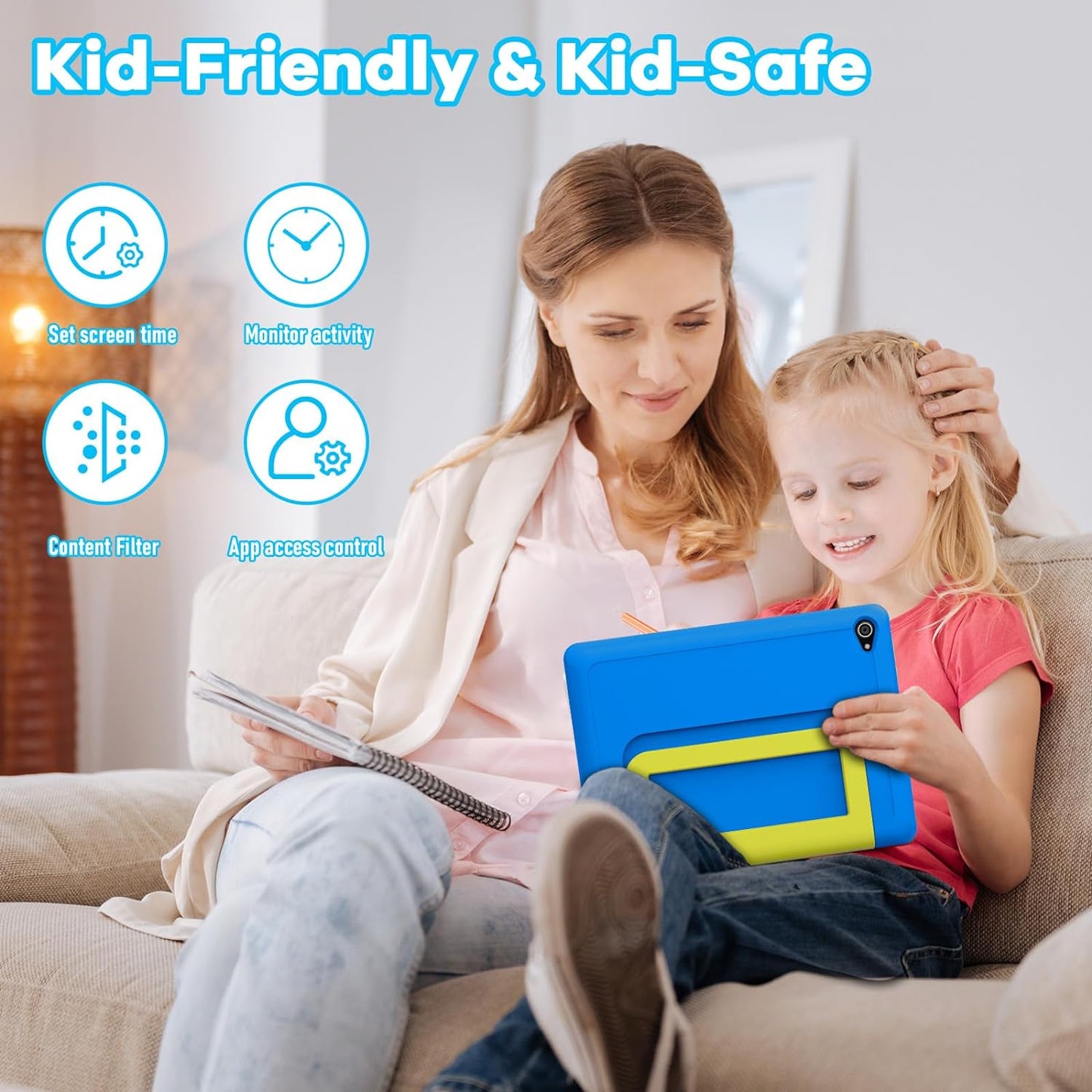 Kids Tablet,Upgraded Android 14 Tablet 10 inch for Kids with Protective Case,Octa-Core,64GB(1TB TF Card Expandable)Dual Camera,Parental Control,Pre-intalled KIDOZ,Great Gift for Toddler(Blue)