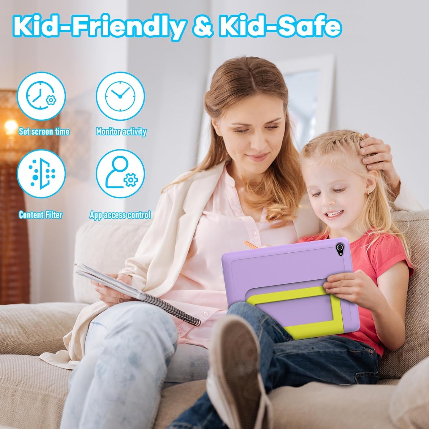 Kids Tablet,Upgraded Android 14 Tablet 10 inch for Kids with Protective Case,Octa-Core,64GB(1TB TF Card Expandable)Dual Camera,Parental Control,Pre-intalled KIDOZ,Great Gift for Toddler(Purple)