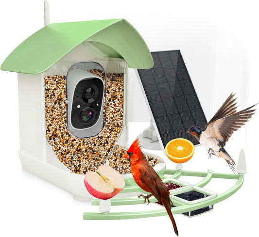 Bestski Bird Feeder with Camera, Smart AI Bird Breed Recognition, Birds Motion Detection with Real-Time Notice, Auto Capture Bird Watching WiFi Camera, Solar-Powered Outdoor Charging Bird House,Green