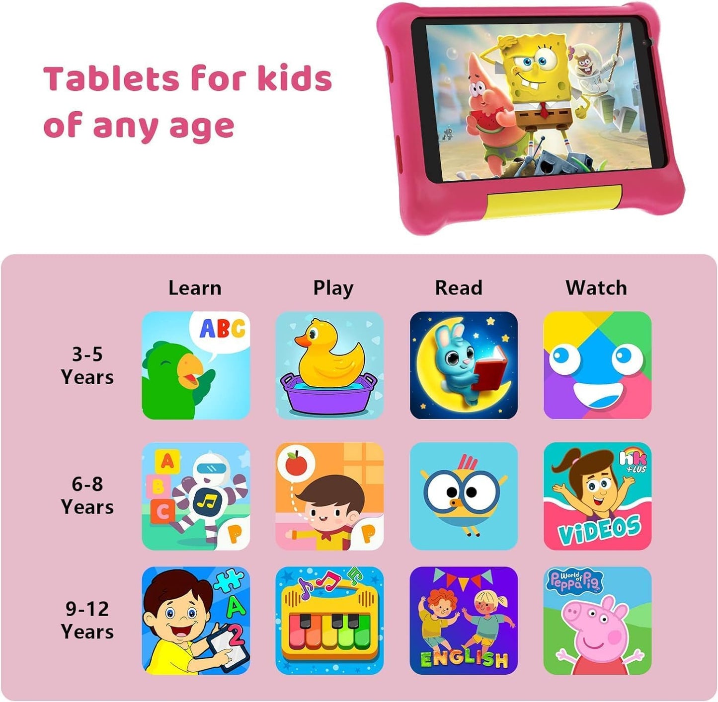 Kids Tablet 7 inch, Android 12 Go Quad Core, 2GB RAM + 32GB ROM, 128GB Expansion, HD Display, Wi-Fi, Children Tablet with Parent Control - Pink