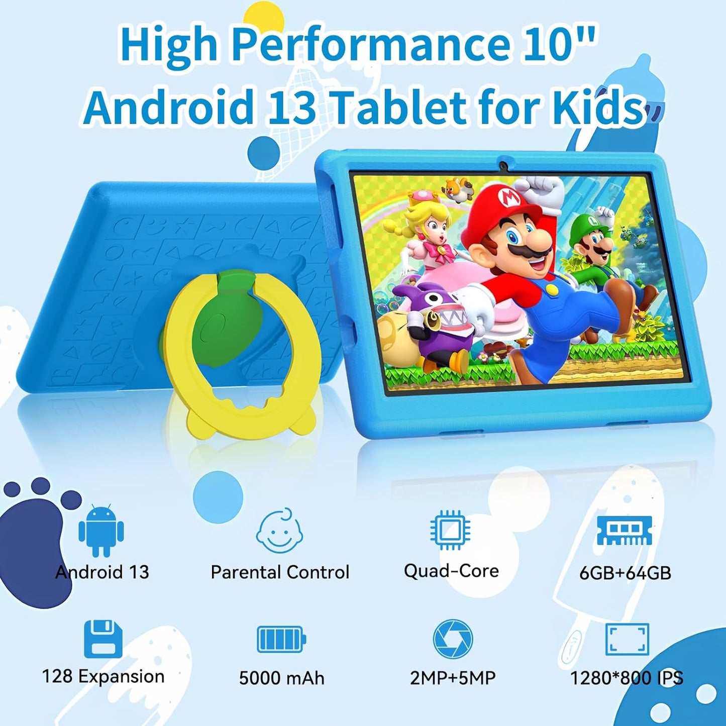 AEEZO Tablet for Kids, 10 Inch Android 13 Kids Tablet with 6GB RAM+64GB ROM+128GB SD Expansion, 5000 mAh, Dual Camera, Tablet with Parent Control & Kids Education-Blue