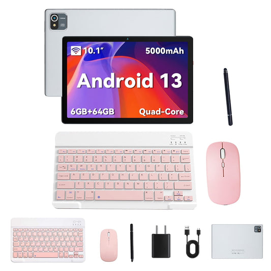 AEEZO Android 13 Tablet 10 inch,6GB+64GB ROM,1280x800 HD Touch Screen, 5MP+8MP, Wifi, Dual Camera Silver+Keyboard & Mouse Set Pink