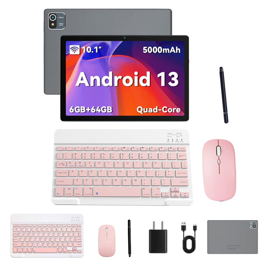 AEEZO Android 13 Tablet 10 inch,6GB+64GB ROM,1280x800 HD Touch Screen, 5MP+8MP, Wifi, Dual Camera Gray+Keyboard & Mouse Set Pink