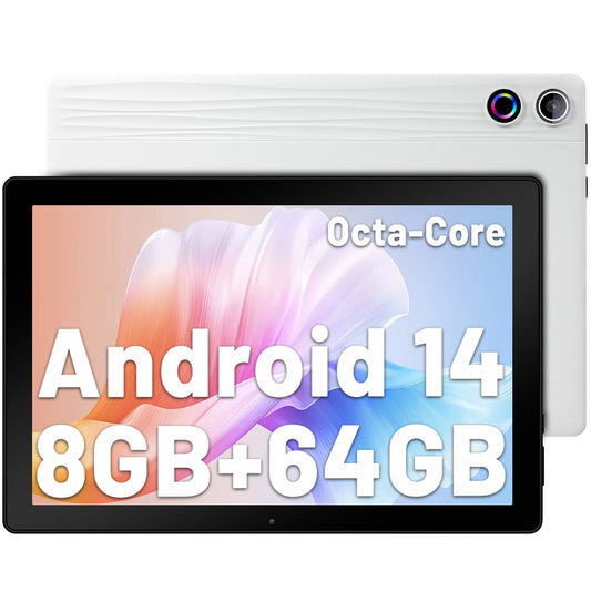 Android 14 Tablet 10 inch Tablets, A523 Octa Core FHD 1280 * 800 IPS HD Touch Screen, 8GB RAM + 64GB ROM(TF 1TB), Widevine L1, 5000mAh, WiFi Tablet,Face Unlocked,White