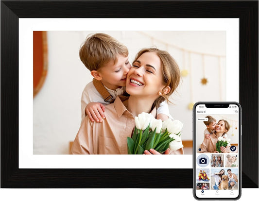 Bestski WiFi Digital Picture Frame 10.1 Inch IPS Touch Screen HD Display, 8GB Storage, Auto-Rotate, Share Photos & Videos via AiMOR App, Wall Mountable Digital Photo Frame with Black Wood Frame